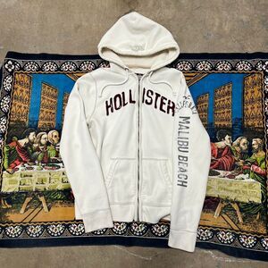 Hollister Men's White Red Zip Up Hoodie XL Americana Surf California y2k Skater
